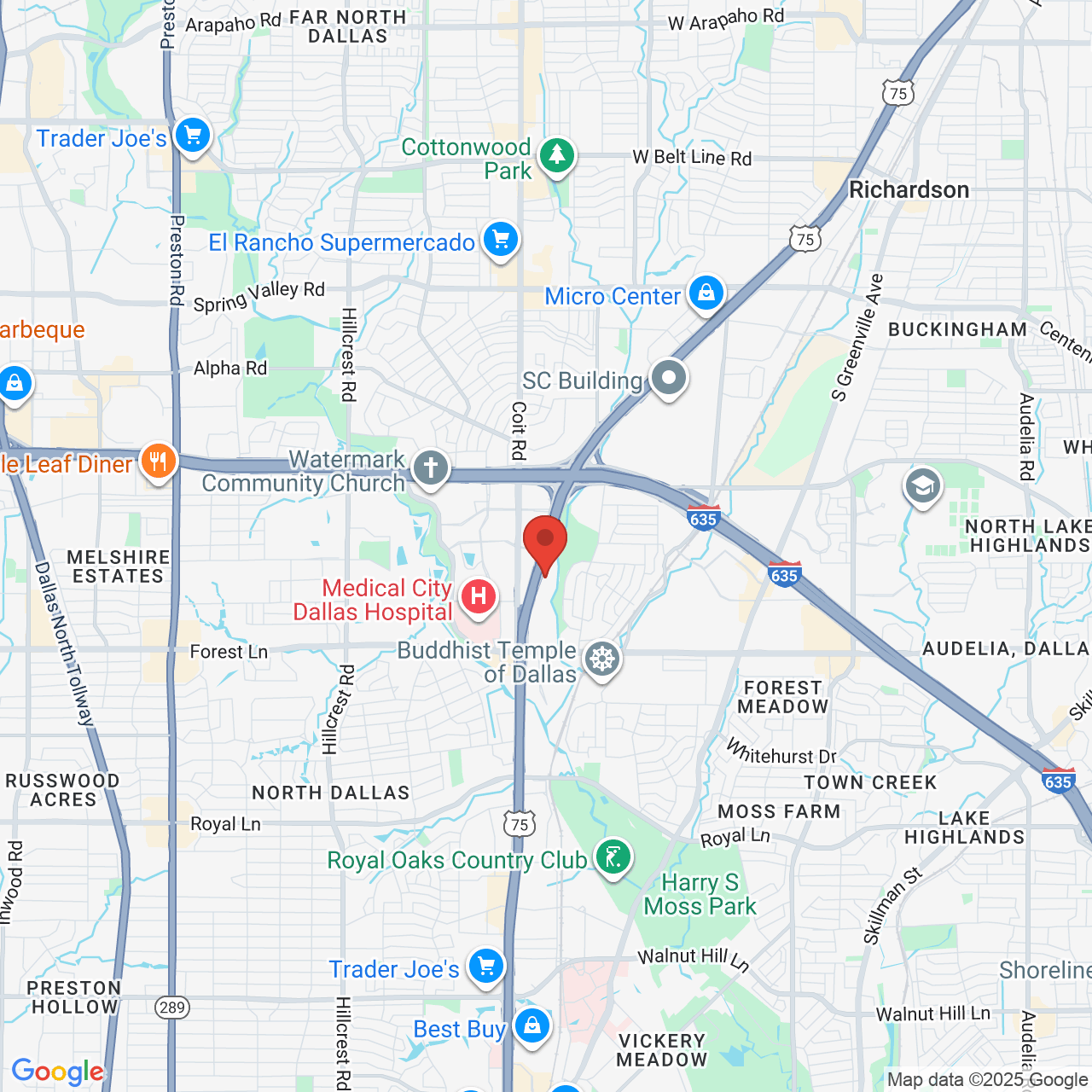 Google map image of our location in 12228 N. Central Expressway Dallas, TX